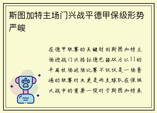 斯图加特主场门兴战平德甲保级形势严峻