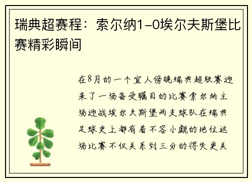 瑞典超赛程：索尔纳1-0埃尔夫斯堡比赛精彩瞬间